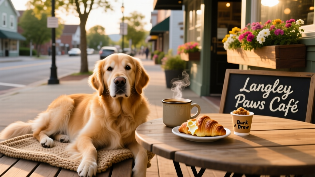 A dog lounging comfortably on a sunny patio beside a café table with coffee and pastries