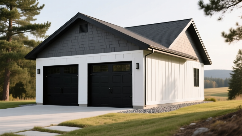 Newly constructed 30x30 stick-built garage with charcoal shingles, white fiber cement siding, and two black carriage doors.