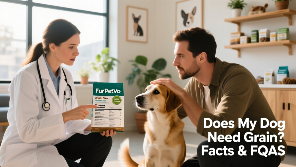 Veterinarian consulting with a dog owner while reviewing a FurPetVo food label and nutritional chart