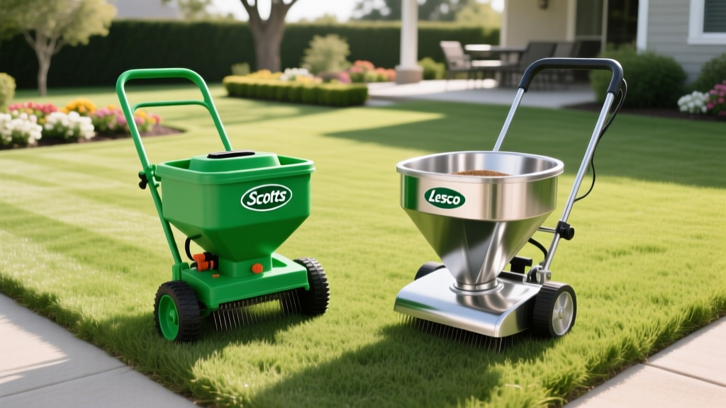 Side-by-side comparison of a green Scotts broadcast spreader and a stainless steel Lesco drop spreader on a manicured lawn