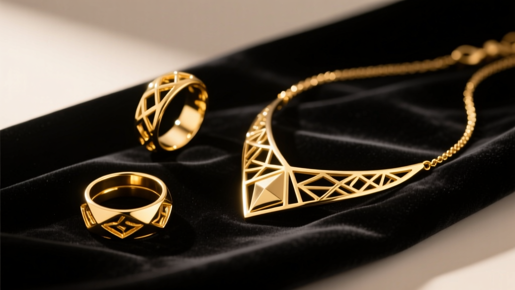 Gold-plated brass costume rings and necklaces resting on dark velvet anti-tarnish cloth under warm studio lighting