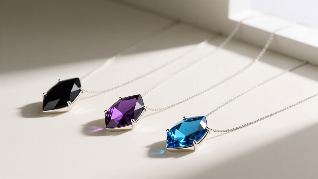 Flat lay of three mood necklaces in sterling silver settings showing black, deep violet, and bright blue liquid crystal colors