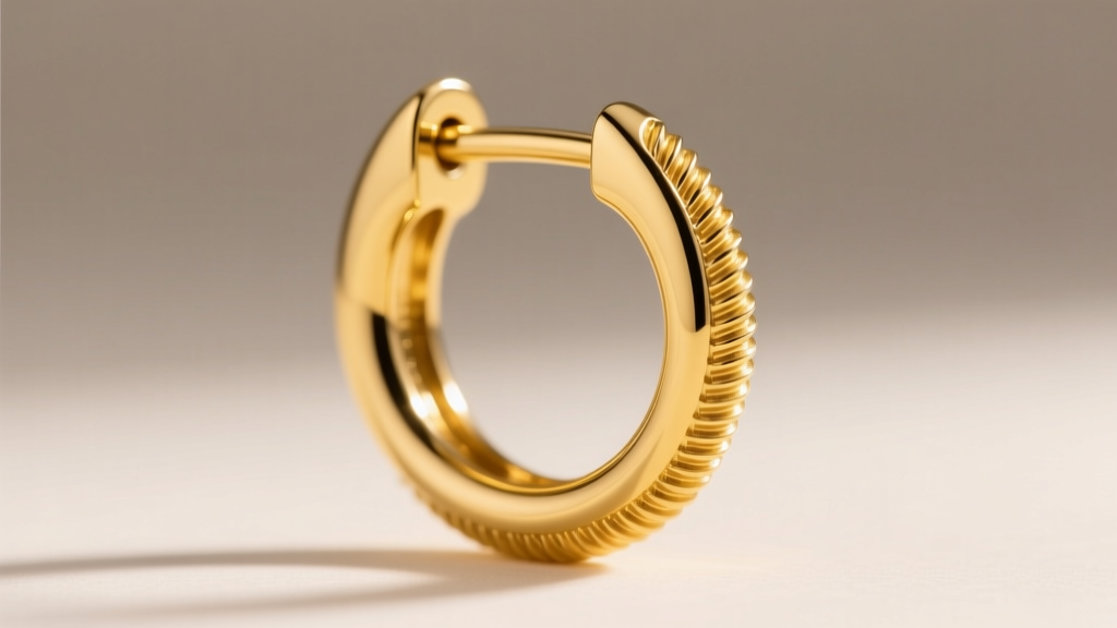 Side view of an 18k yellow gold threaded hinged hoop, showing precision screw threads on the post and a secure cap.