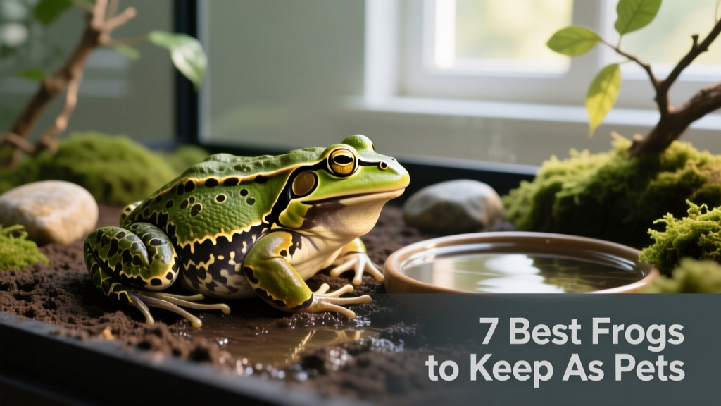 Large African bullfrog resting on moist soil beside a shallow water dish in a spacious terrarium