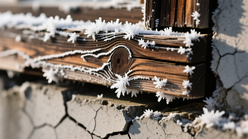 Close-up of rotted wooden sill plate on cracked concrete foundation wall showing moisture wicking and white efflorescence
