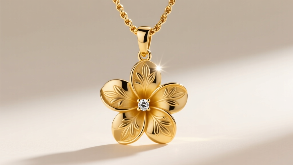 Macro shot of a 14k yellow gold plumeria pendant with a small round diamond center, hanging from a delicate rope chain.