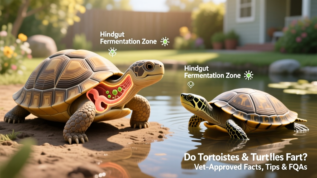 Side-by-side illustration showing digestive anatomy of a tortoise and a freshwater turtle, highlighting hindgut fermentation zones