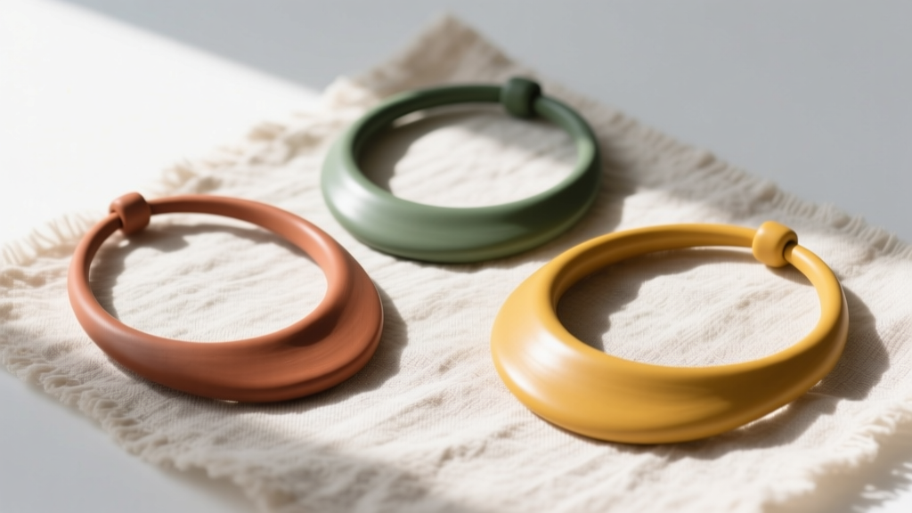 Flat lay of three artisan polymer clay necklaces in terracotta, sage, and mustard on raw linen cloth with soft morning light.