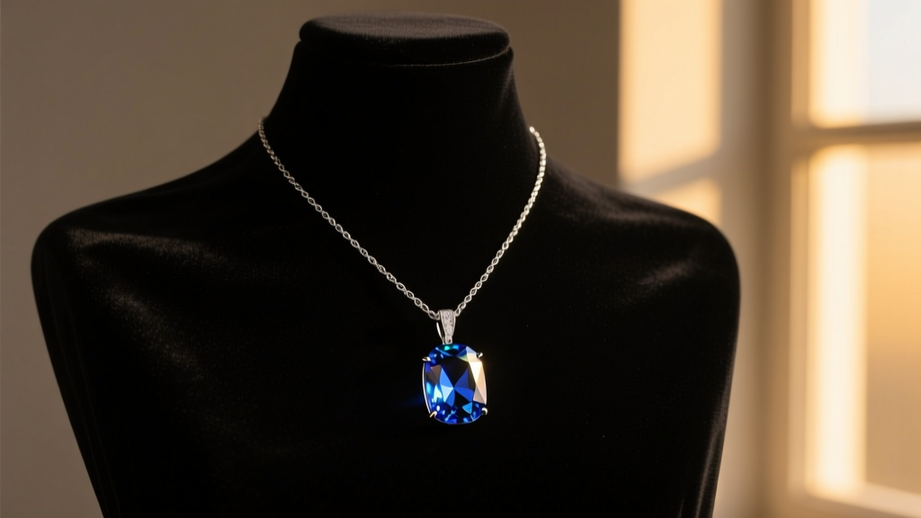 Brilliant sapphire pendant catching warm evening light, suspended from a dark rhodium-plated lariat chain on a velvet mannequin