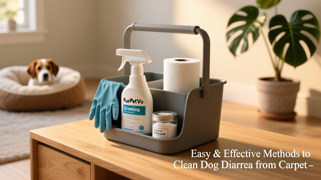 Organized cleaning caddy with FurPetVo enzyme spray, gloves, paper towels, and baking soda