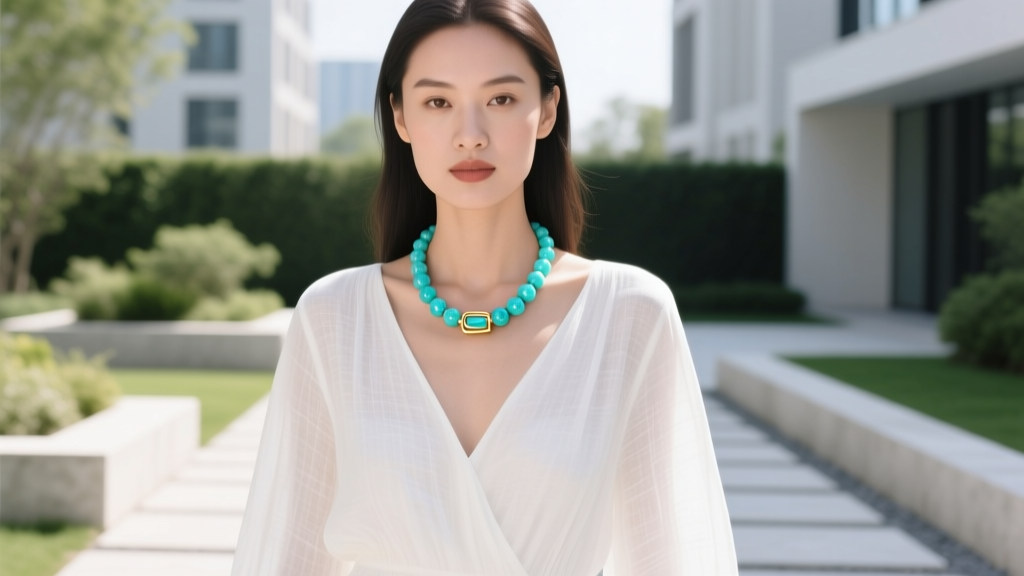 Woman wearing a 16-inch light blue amazonite beaded necklace with gold clasp, paired with a white linen dress in bright daylight
