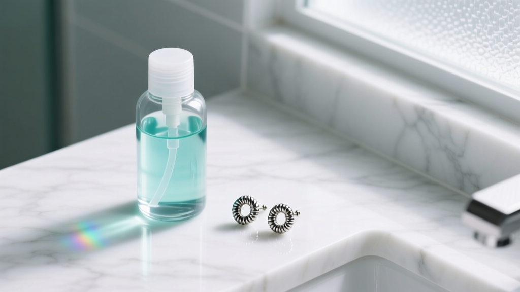 Top-down view of saline wash next to threaded titanium earrings resting on a clean, bright white marble countertop in a bathroom