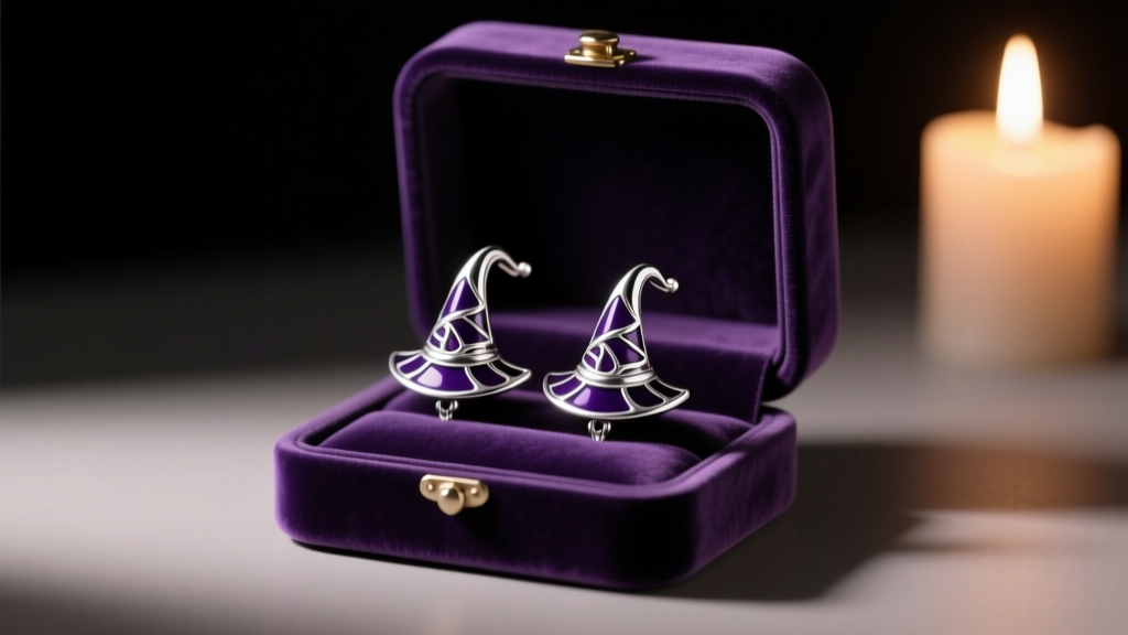 Velvet box displaying sterling silver witch hat earrings with dark purple enamel accents, illuminated by warm, moody candlelight