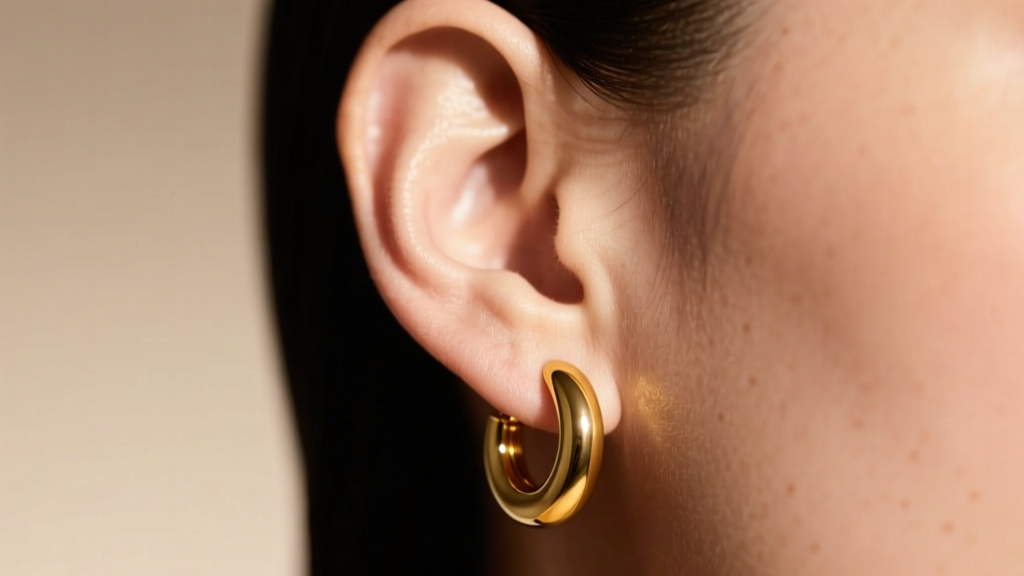 Close-up of a left ear wearing a polished 18k yellow gold seamless hoop earring under soft, warm directional studio lighting.