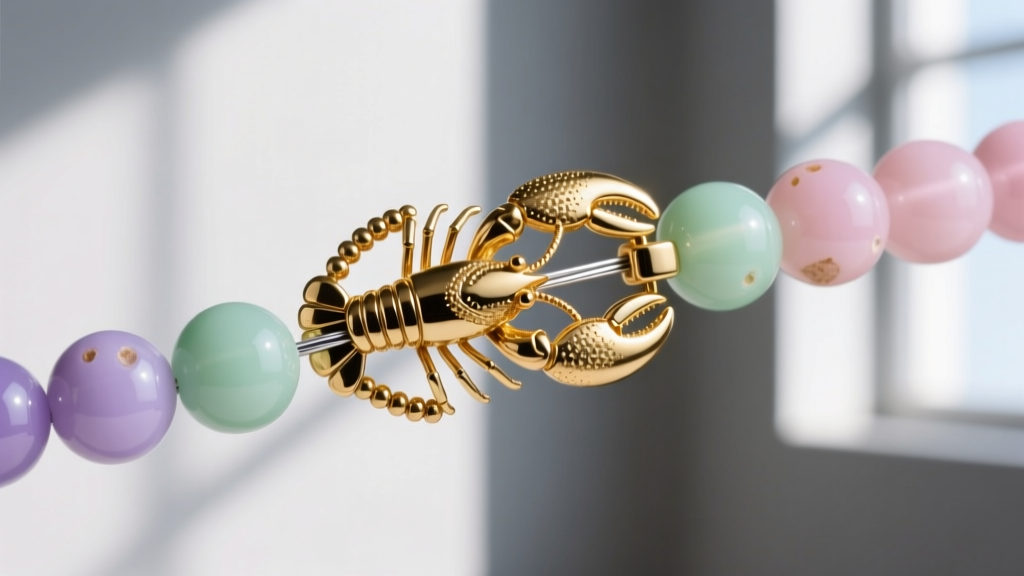 Macro shot of a 14k gold-filled lobster clasp attached to a 0.018-inch beading wire threading through opaque pastel glass beads