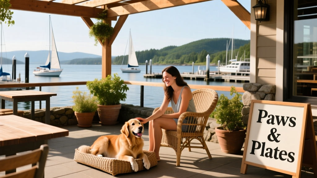 A woman and her dog relaxing on a sunny, dog-friendly restaurant patio with views of the marina