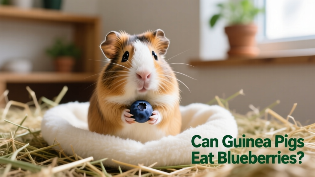 A guinea pig gently holding a halved blueberry in its paws, sitting on a clean fleece liner beside fresh timothy hay