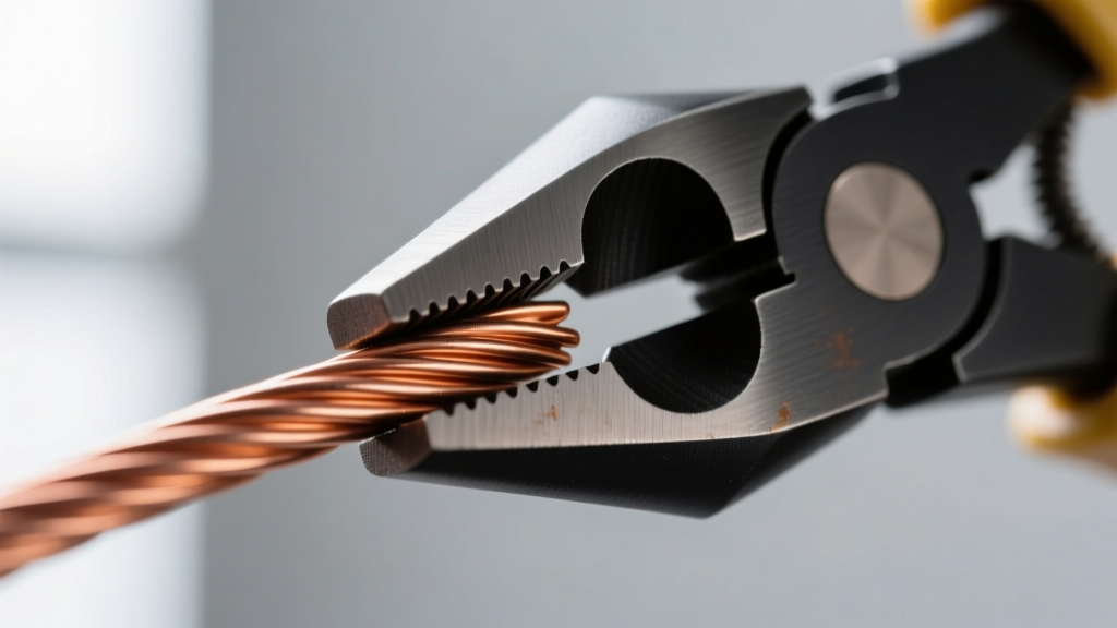 Macro close-up of 20-gauge copper wire gripped by nylon-jaw chain nose pliers, showing zero marring on the smooth metal surface