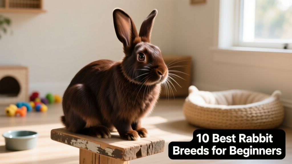 A glossy-coated Havana rabbit in rich chocolate brown, sitting alertly on a wooden perch with soft lighting