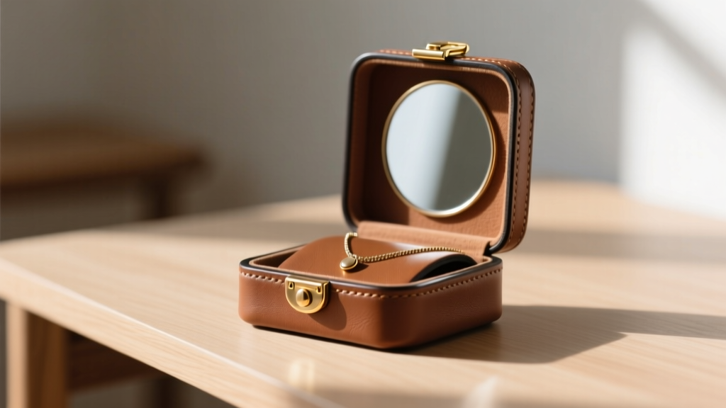 Side view of travel necklace jewelry box in vegan leather with a brass snap clasp and built-in mirror resting on a wooden desk