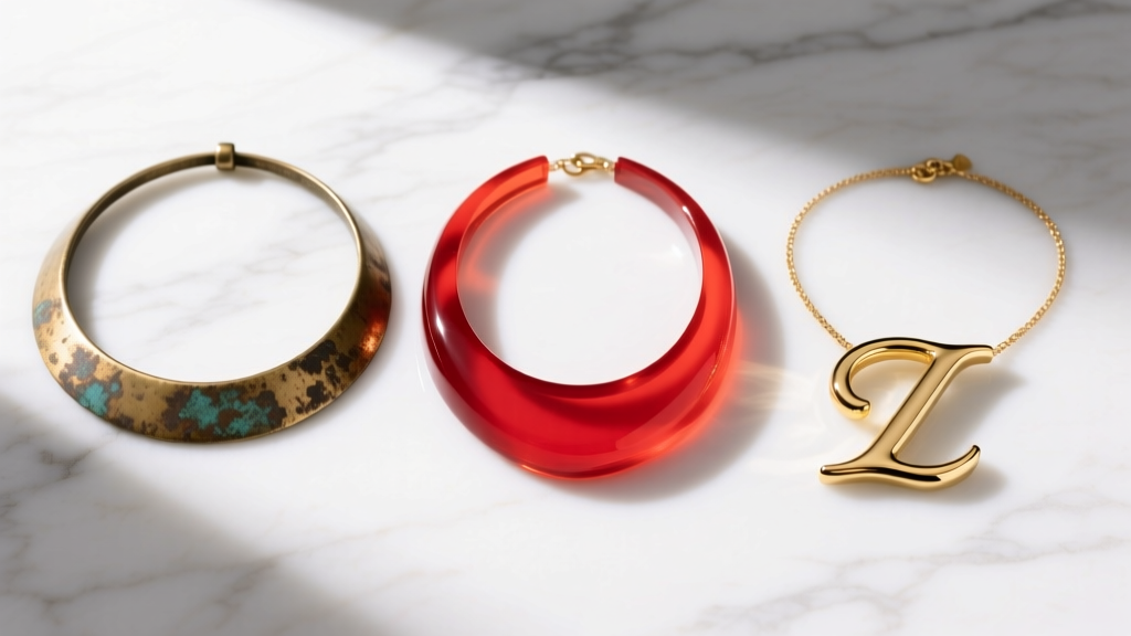 Flat lay of three large initial necklaces: tarnished cast brass, bright red acrylic, and polished gold vermeil on white marble