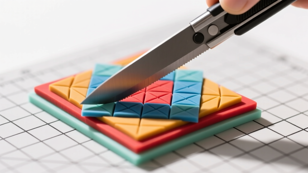 Craft knife slicing layered polymer clay to reveal a granny square pattern on a grid cutting mat under bright light.