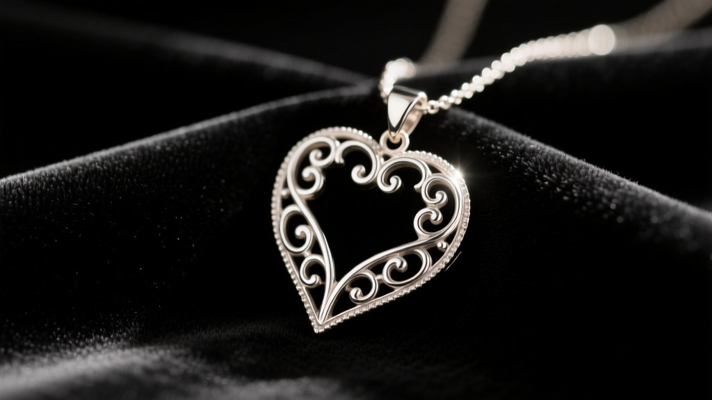 Vintage Brighton silver-plated scrollwork heart pendant necklace on dark velvet, soft studio lighting highlighting the metal