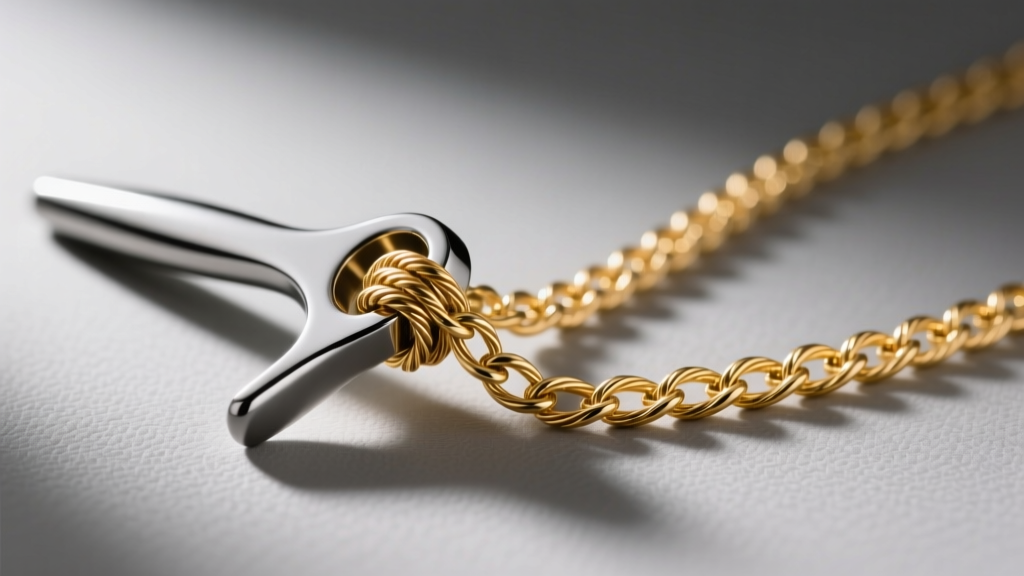 Sleek commercial necklace detangler tool holding a tangled 14k gold cable chain on a mat under bright, focused studio lighting.