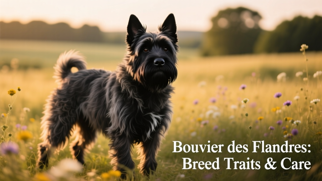 A mature Bouvier des Flandres standing alert outdoors, showcasing its shaggy double coat, beard, and sturdy build