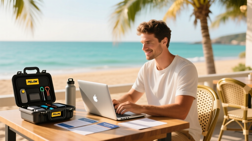 Digital nomad working on a high-end laptop at a beachside cafe, with a Pelican case and travel insurance documents on the table.