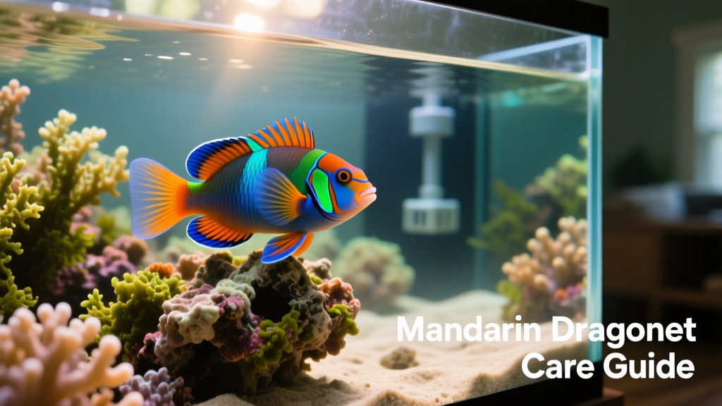A vividly colored mandarin dragonet perched on live rock in a thriving reef aquarium