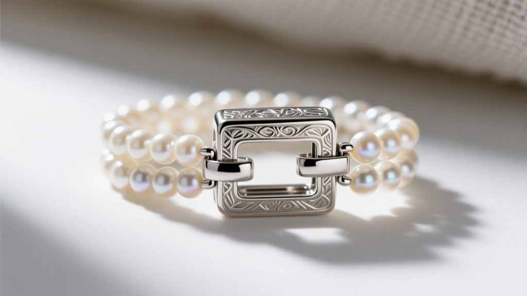 Close-up of a sterling silver multi-strand box clasp with safety latches, attached to four strands of tiny 2mm ivory seed pearls