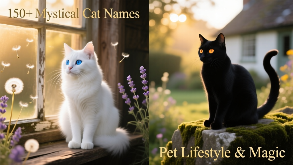 A side-by-side collage showing a serene white cat and a striking black cat, both with calm, otherworldly expressions