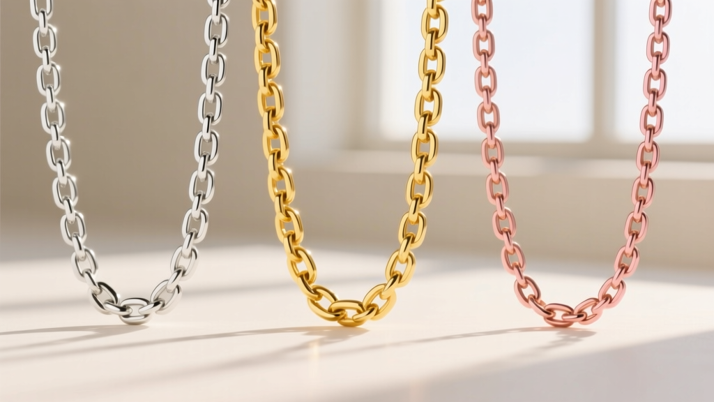 Macro photography comparing three gold chains: a pale 14k white gold, a rich 18k yellow gold, and a deep 22k rose gold link.