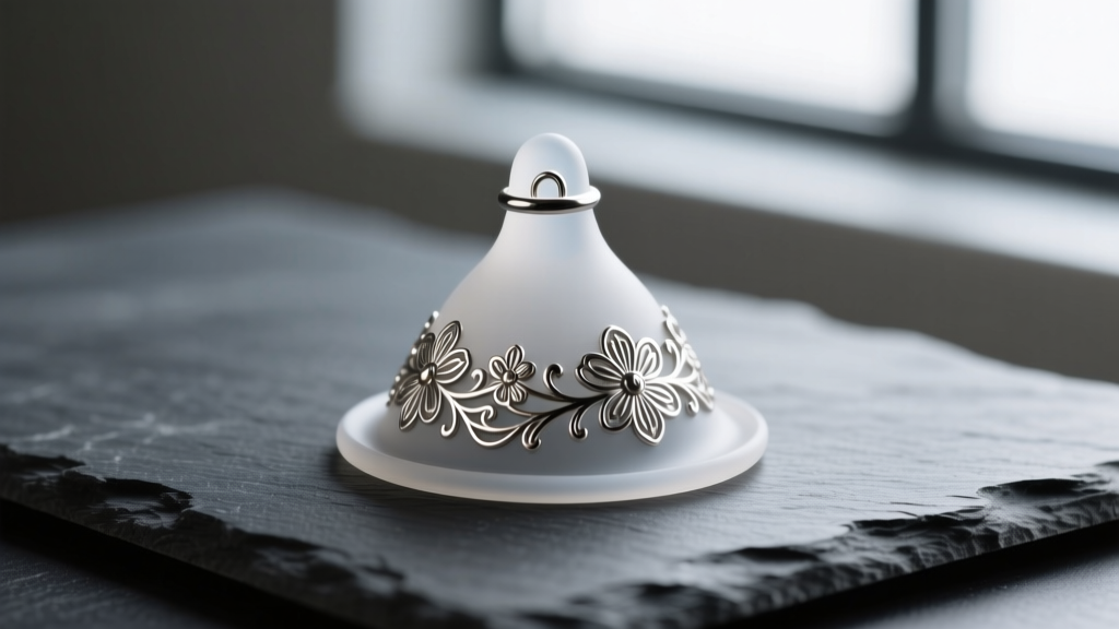 Platinum-cure silicone non-piercing nipple shield on dark slate, featuring intricate floral metalwork inlay and soft matte texture