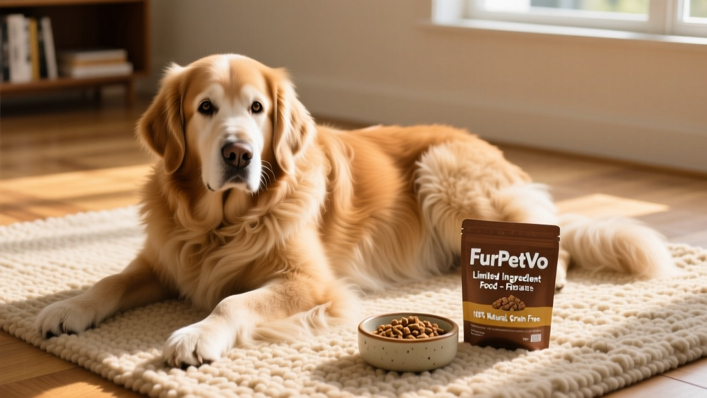 Large dog with visibly healthy, glossy coat lying peacefully on a rug, with a small dish of FurPetVo Limited Ingredient food nearby