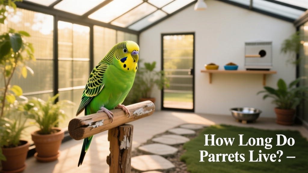 A vibrant green budgie perched on a wooden perch inside a clean, sunlit aviary