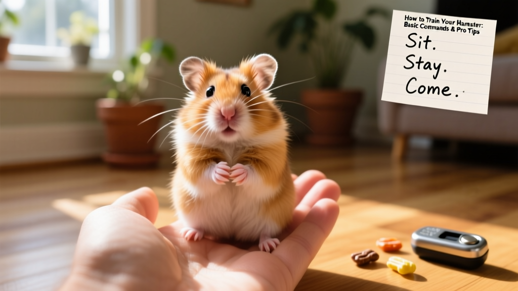 A curious golden hamster sitting upright on a hand, looking alert and engaged