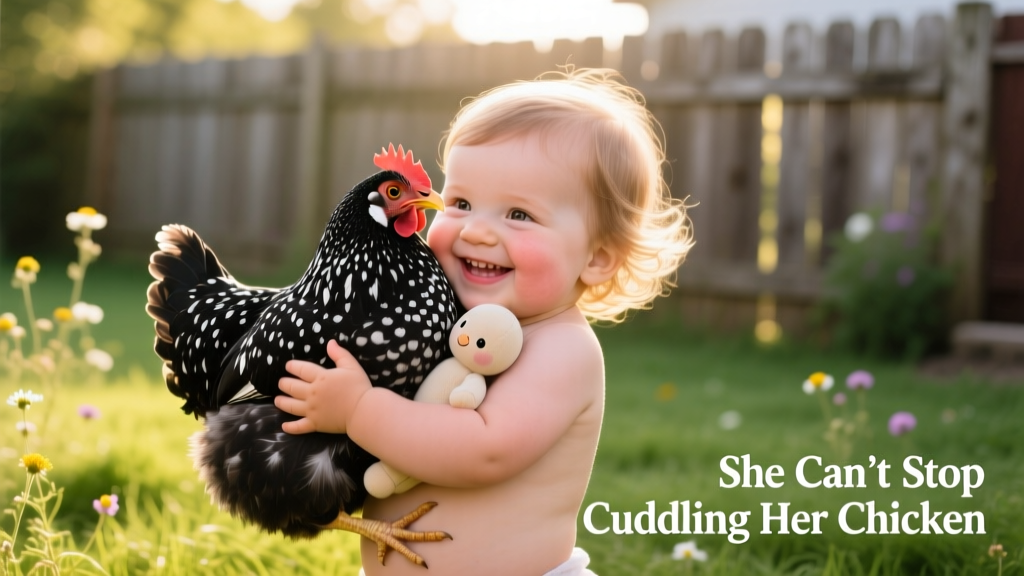 Toddler cradling a black-and-white speckled chicken like a baby, smiling warmly