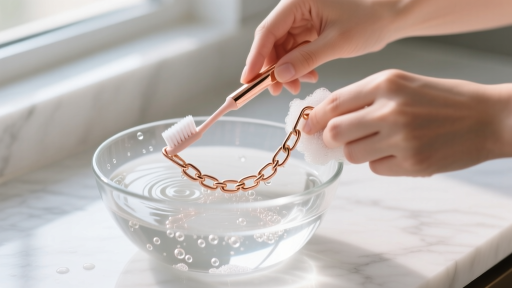 Hands gently scrubbing a rose gold paper clip chain with an extra-soft baby toothbrush in a glass bowl of soapy distilled water.
