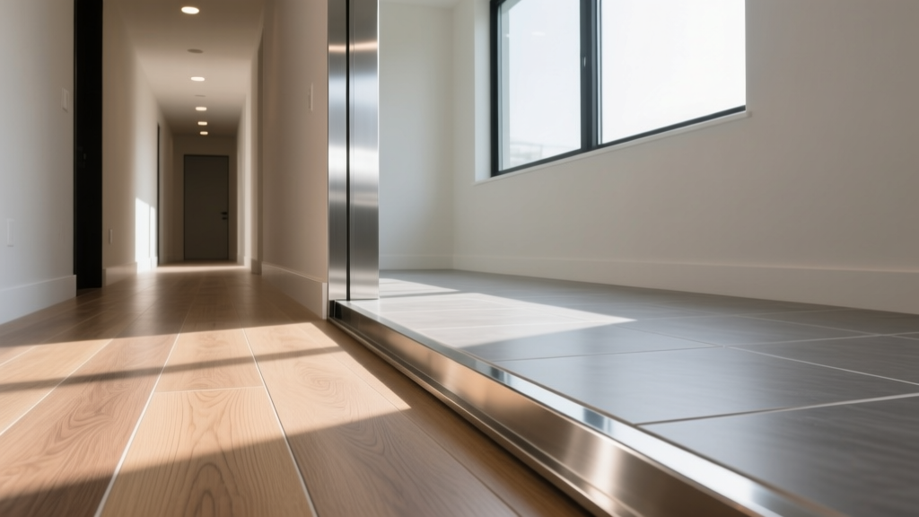 Brushed aluminum T-molding transition strip bridging luxury vinyl plank and gray porcelain tile in a sunlit modern hallway