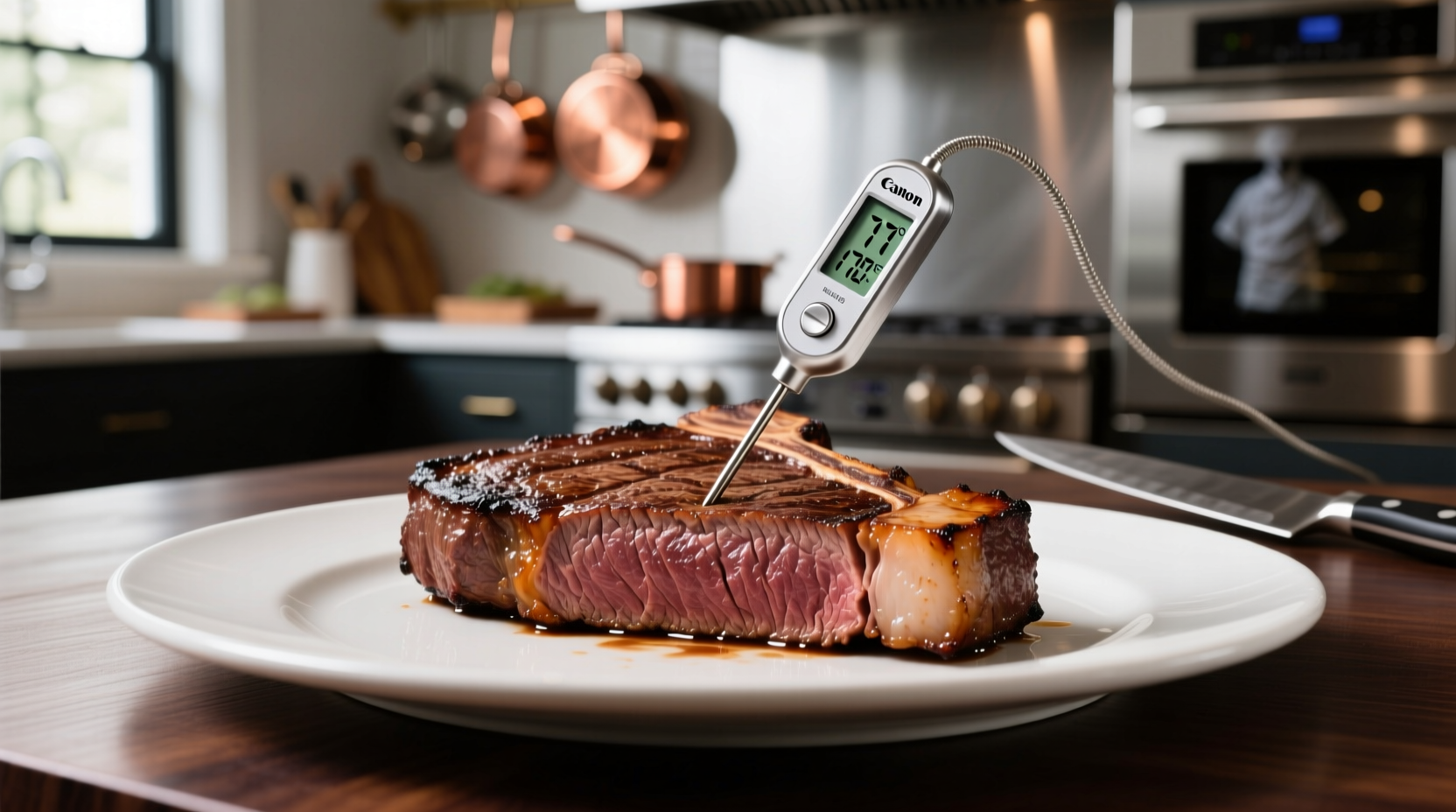 Perfectly cooked well done steak with temperature probe