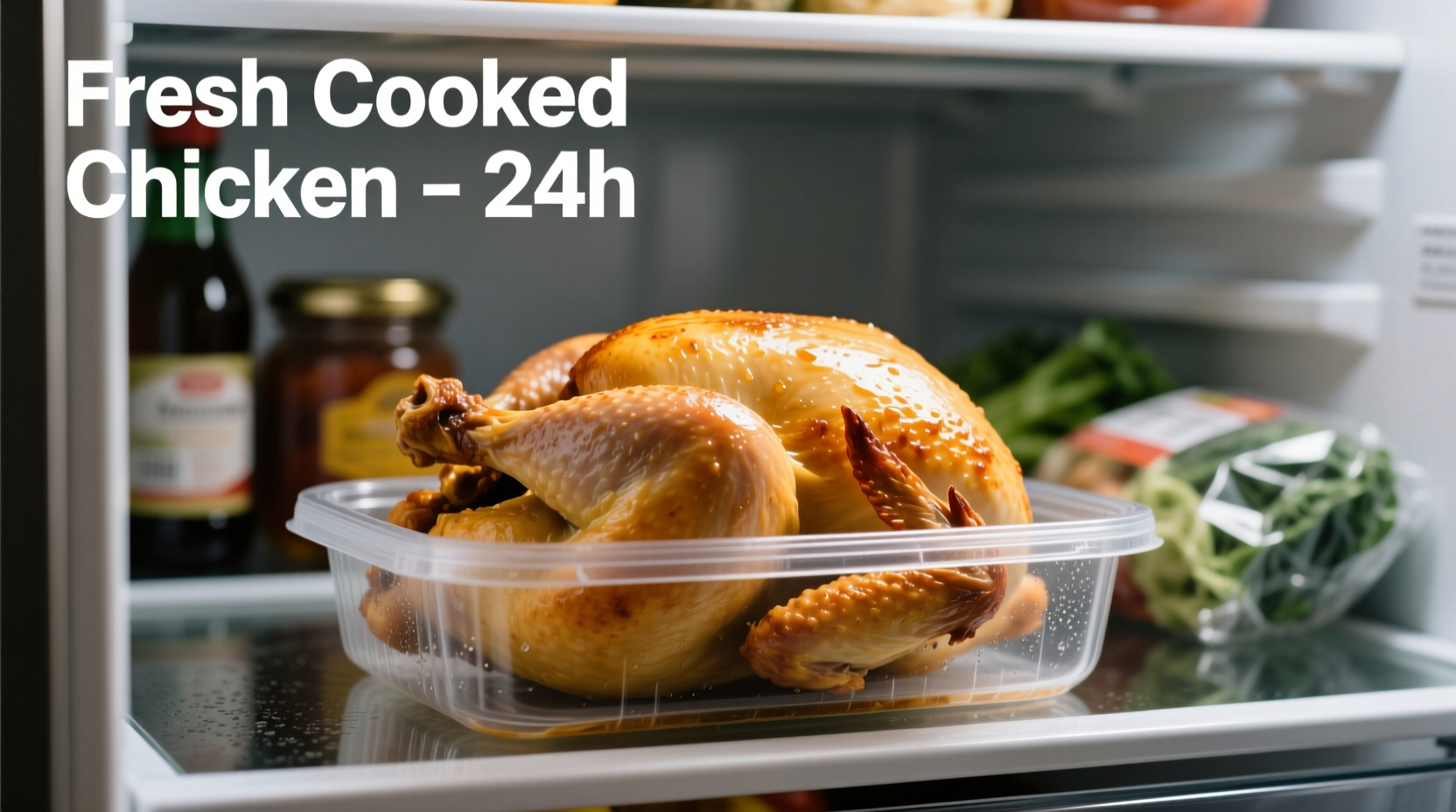 Fresh cooked chicken in airtight container in refrigerator