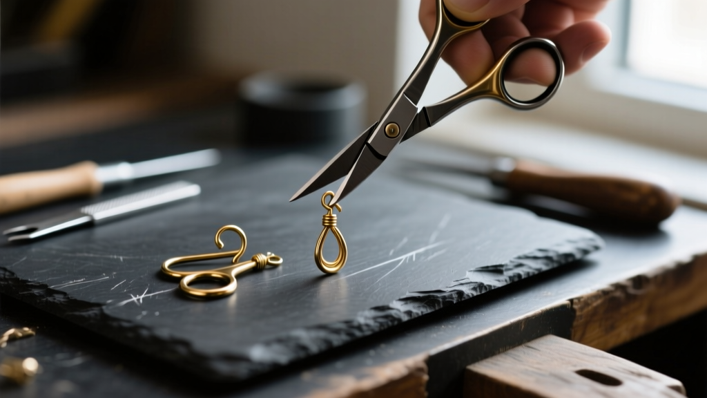 Flush snips cutting brass earring wires beside polished titanium fishhook replacements on a dark slate jeweler's workbench.