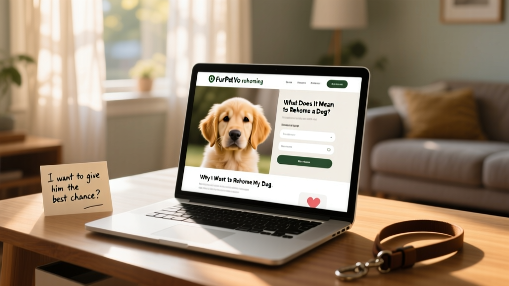 A laptop screen showing the FurPetVo rehoming platform interface with a dog’s photo and adoption application form