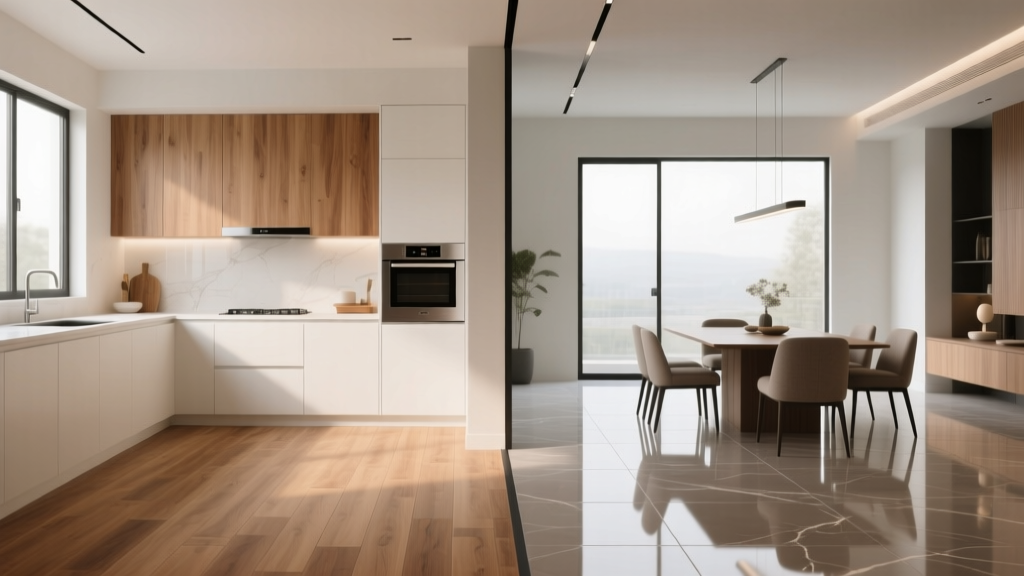 Split-view interior showing luxury vinyl plank in a kitchen transitioning to large-format porcelain tile in a dining area