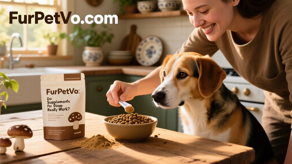 A dog owner measuring FurPetVo mushroom powder into a bowl of kibble, with the FurPetVo.com packaging visible nearby