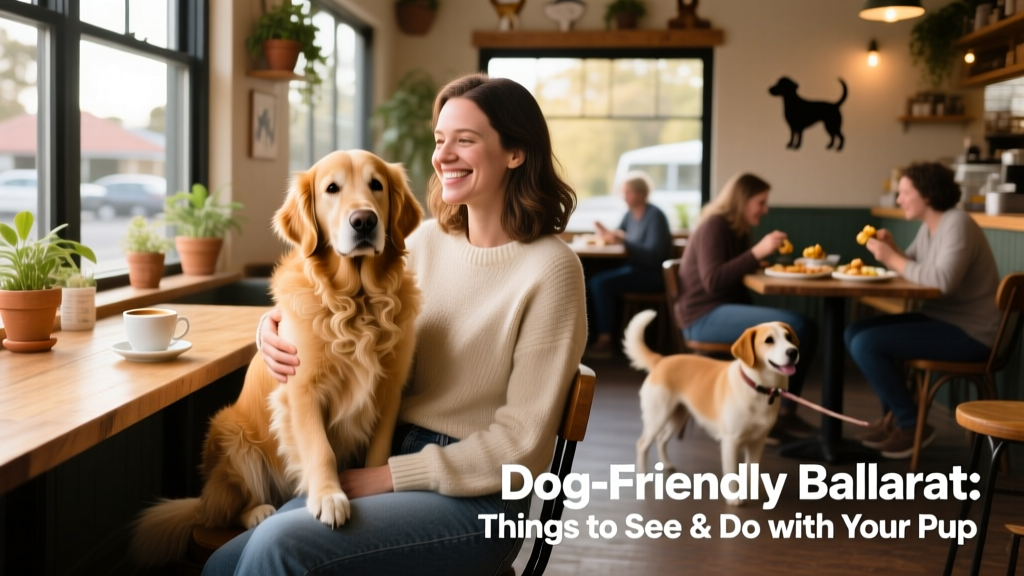 A dog sitting comfortably on their owner's lap inside a cozy, dog-friendly restaurant in Ballarat