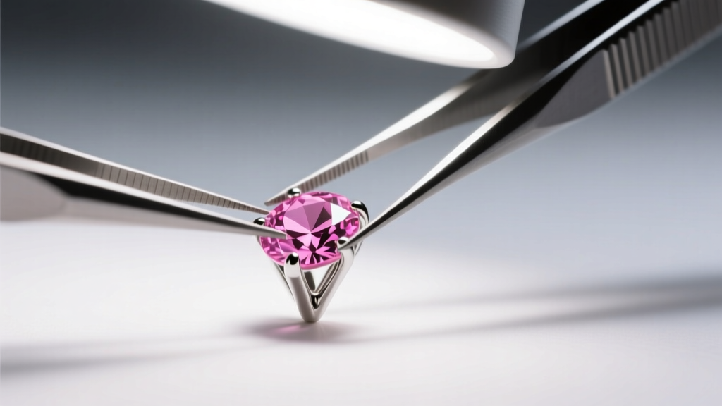 Precision tweezers placing a pink rhinestone into a silver prong setting secured with epoxy, illuminated under a bright desk lamp
