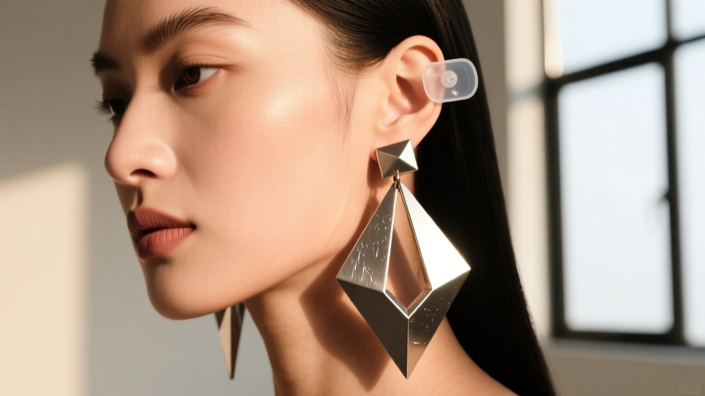 Model wearing oversized geometric titanium drop earrings, highlighting brushed metal texture and a transparent lobe support patch